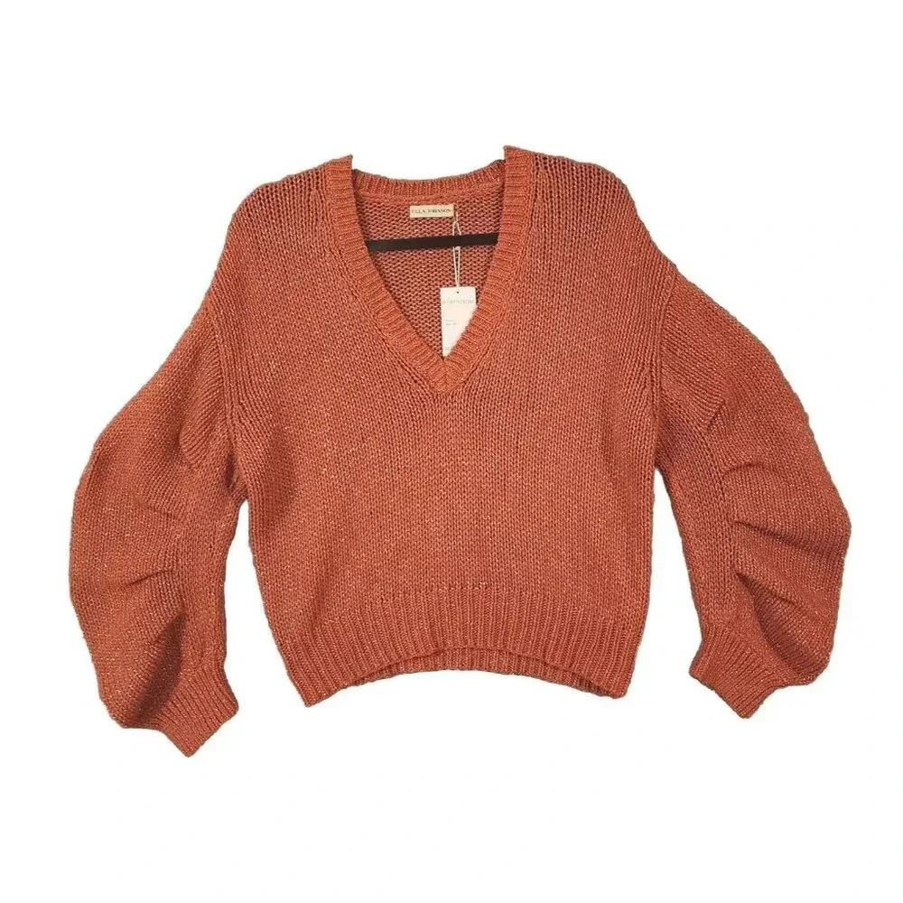 New $345 Ulla Johnson Lina V-Neck Chunky Knit Sweater Coral Metallic Size Large - Picture 2 of 11